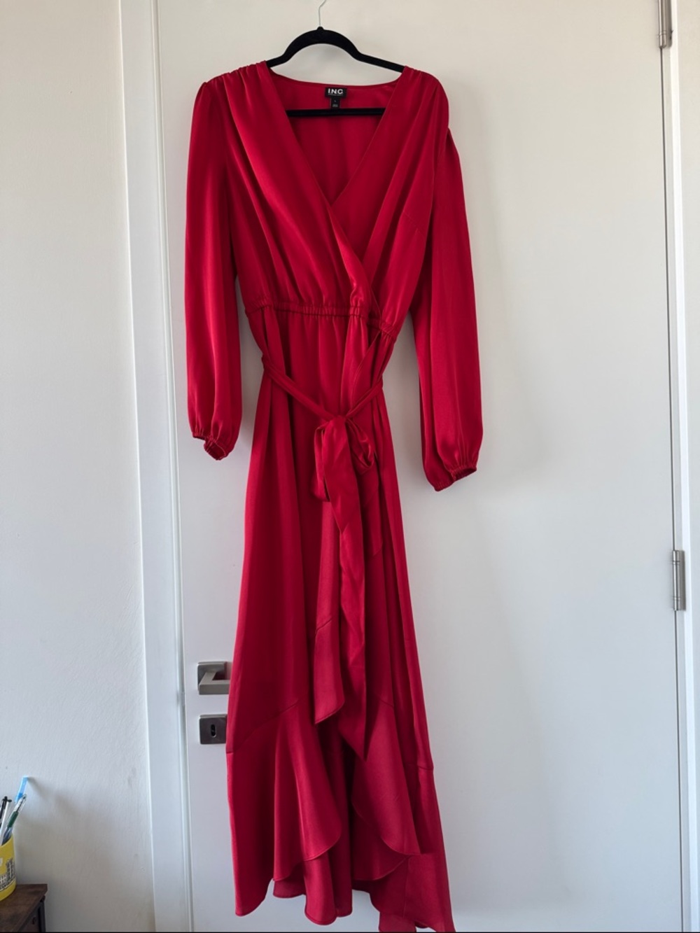 INC Vibrant Red Long-Sleeve Wrap Dress